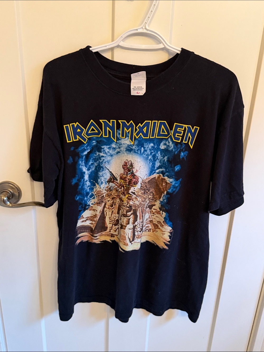 Anvil Black Iron Maiden Graphic Tee with Blue and Yellow Print